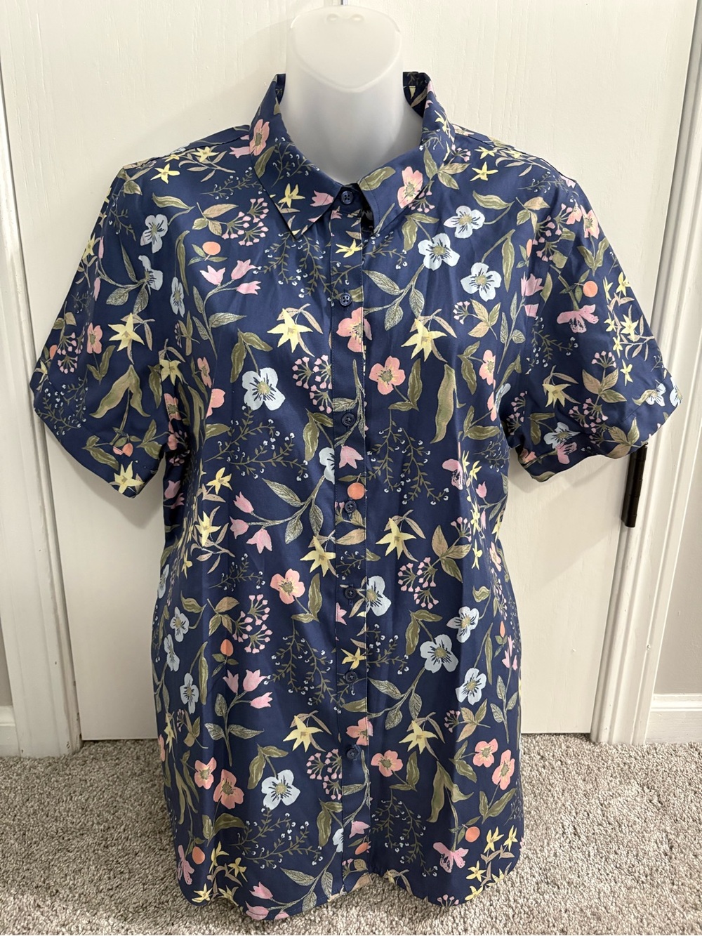 Coldwater Creek Navy Floral Blouse with Pink & Yellow Accents Size 16